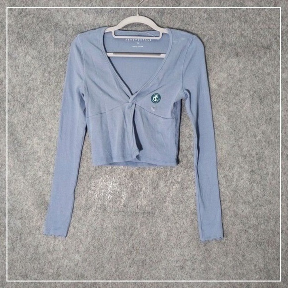 NWOT Aeropostale Shirt Women S Blue Crop Ribbed Twist Knot Y2K Balletcore Retro